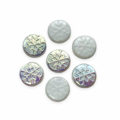 Czech glass snowflake coin beads 10pc opaque white AB 12mm #2-Orange Grove Beads