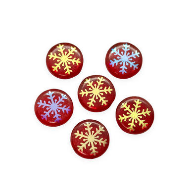 Czech glass snowflake coin beads 6pc Christmas red AB 14mm-Orange Grove Beads