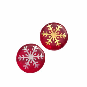 Czech glass snowflake coin beads 4pc Christmas red AB 16mm-Orange Grove Beads
