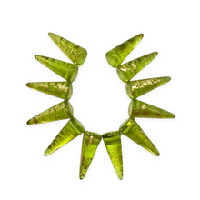 Load image into Gallery viewer, Czech glass spike cone beads 12pc olivine green gold rain 17x7mm
