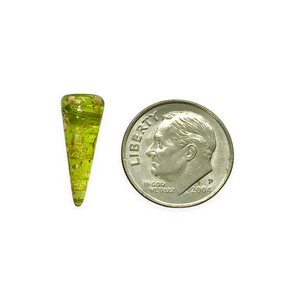 Czech glass spike cone beads 12pc olivine green gold rain 17x7mm