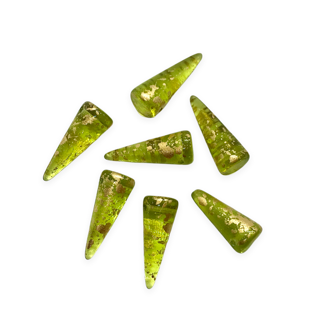 Czech glass spike cone beads 12pc olivine green gold rain 17x7mm-Orange Grove Beads
