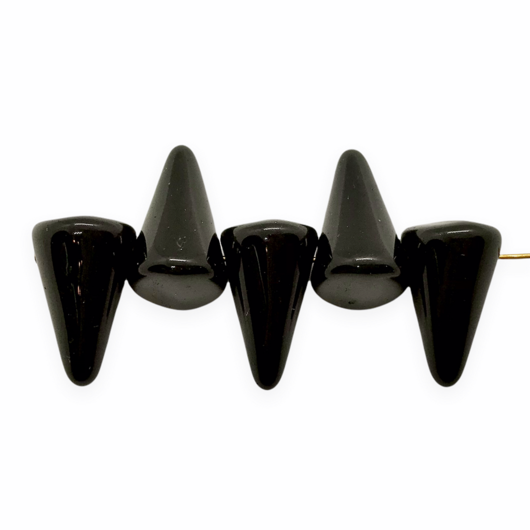 Czech glass XL spike cone beads 10pc shiny jet black 18x12mm