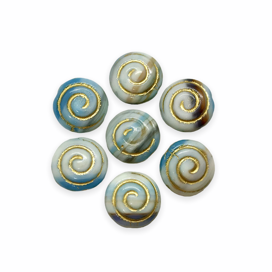 Czech glass spiral coin seashell shell beads 10pc blue white gold 13mm-Orange Grove Beads