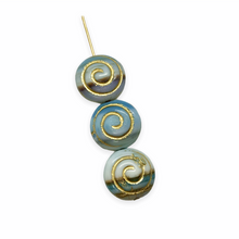 Load image into Gallery viewer, Czech glass spiral coin seashell shell beads 10pc blue white gold 13mm
