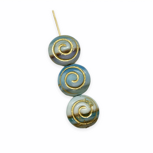 Czech glass spiral coin seashell shell beads 10pc blue white gold 13mm