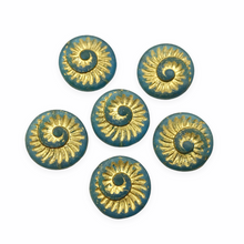 Load image into Gallery viewer, Czech glass spiral fossil seashell shell coin beads 6pc frosted blue gold 19mm-Orange Grove Beads
