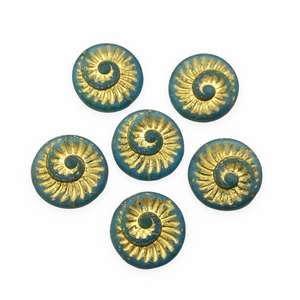 Czech glass spiral fossil seashell shell coin beads 6pc frosted blue gold 19mm-Orange Grove Beads