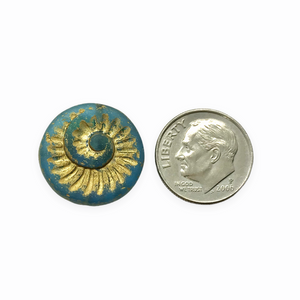 Czech glass spiral fossil seashell shell coin beads 6pc frosted blue gold 19mm