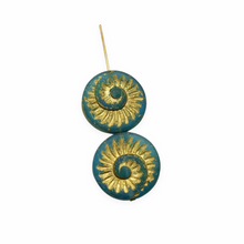 Load image into Gallery viewer, Czech glass spiral fossil seashell shell coin beads 6pc frosted blue gold 19mm
