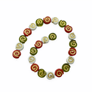 Czech glass spiral roll snail beads 24pc red green white gold Christmas mix 8mm-Orange Grove Beads