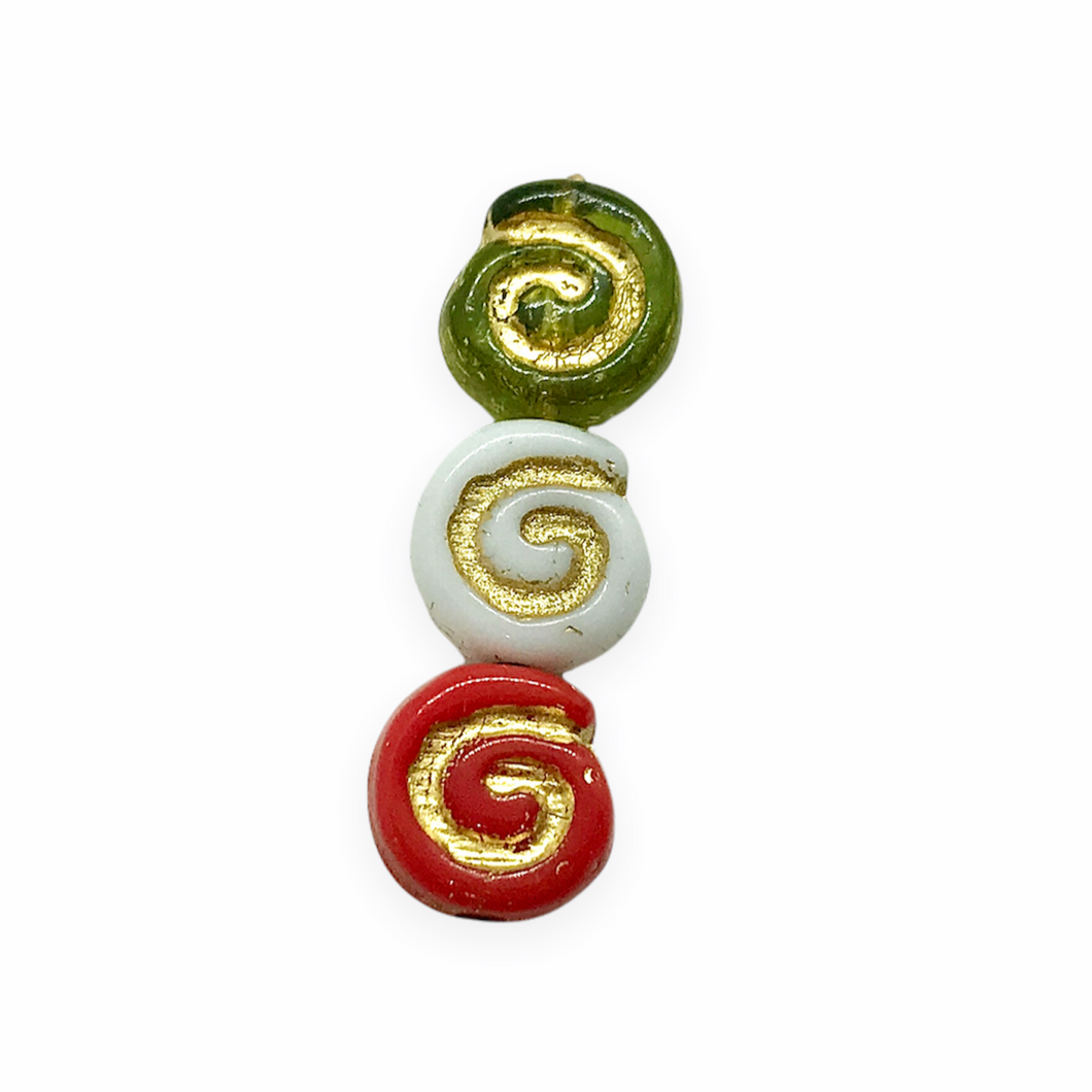 Czech glass spiral roll snail beads 24pc red green white gold Christmas mix 8mm