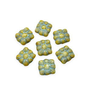 Czech glass square daisy flower beads 20pc chalk honey blue decor 9mm-Orange Grove Beads