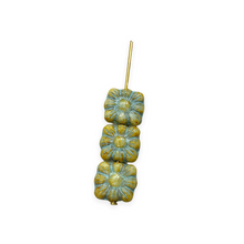 Load image into Gallery viewer, Czech glass square daisy flower beads 20pc chalk honey blue decor 9mm
