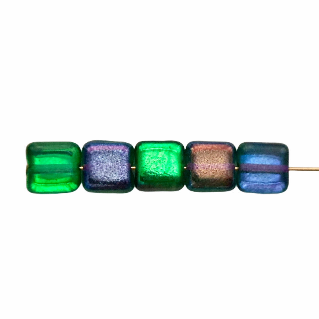 Czech glass square tile beads 30pc green blue metallic 8mm-Orange Grove Beads