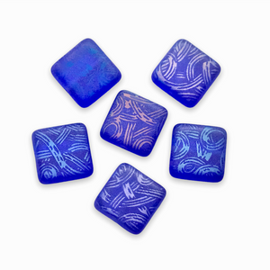 Czech glass laser etched nautical rope knot square tile beads 10pc frosted blue AB 10mm-Orange Grove Beads