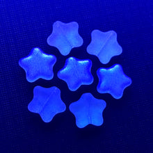 Load image into Gallery viewer, Czech glass star beads 20pc frosted aqua blue AB finish 12mm UV glow
