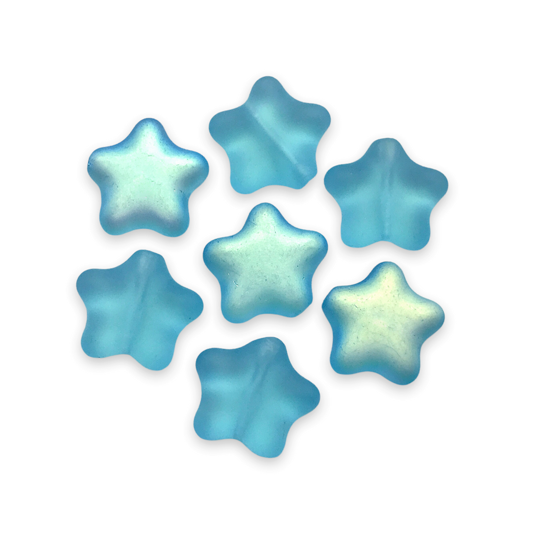 Czech glass star beads 20pc frosted aqua blue AB finish 12mm UV glow-Orange Grove Beads