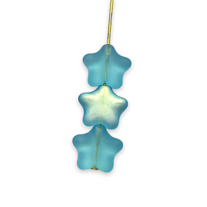 Czech glass star beads 20pc frosted aqua blue AB finish 12mm UV glow