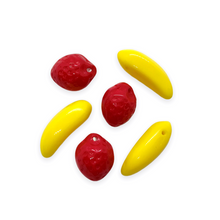 Load image into Gallery viewer, Strawberry banana milkshake Czech glass fruit beads charms mix 12pc-Orange Grove Beads
