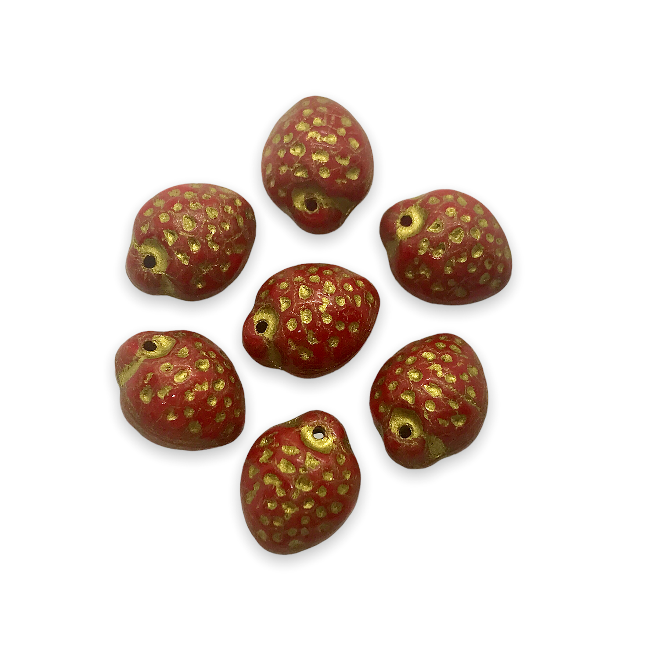 Czech glass strawberry fruit beads 12pc opaque red black seeds 11x8mm –  Orange Grove Beads