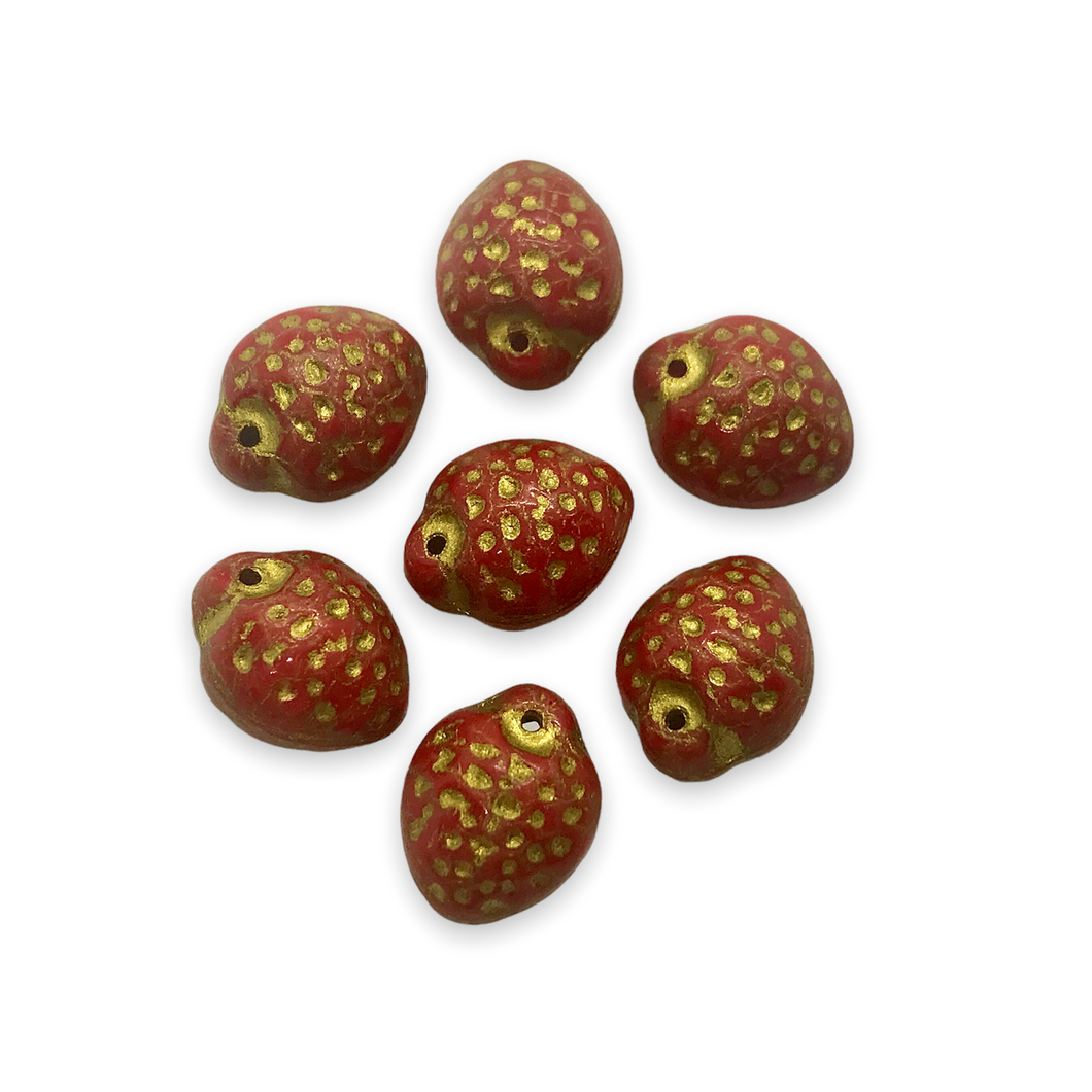 Czech glass strawberry fruit shaped beads 12pc opaque red gold 11x8mm-Orange Grove Beads