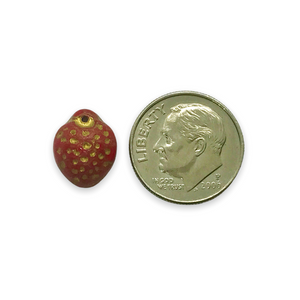 Czech glass strawberry fruit shaped beads 12pc opaque red gold 11x8mm