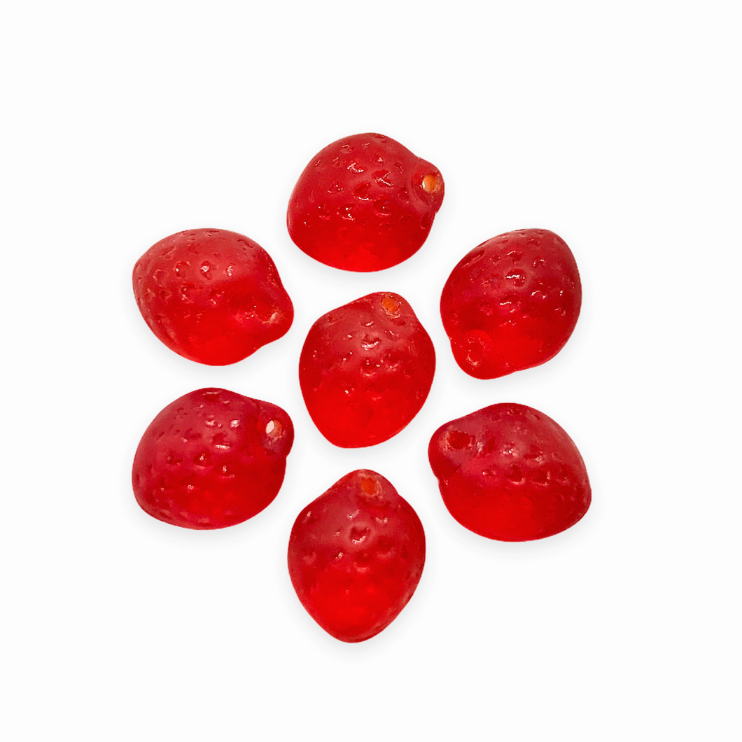 Czech glass strawberry fruit beads 12pc translucent red matte 11x8mm