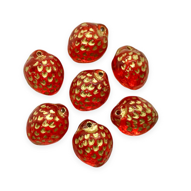 Czech glass strawberry fruit shaped beads 12pc translucent red gold 11x8mm-Orange Grove Beads