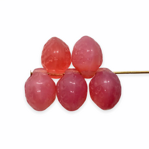 Czech glass strawberry fruit beads charms 12pc milky opal pink 11x8mm