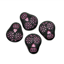 Load image into Gallery viewer, Czech glass sugar skull beads charms 4pc jet black pink decor 20x17mm-Orange Grove Beads
