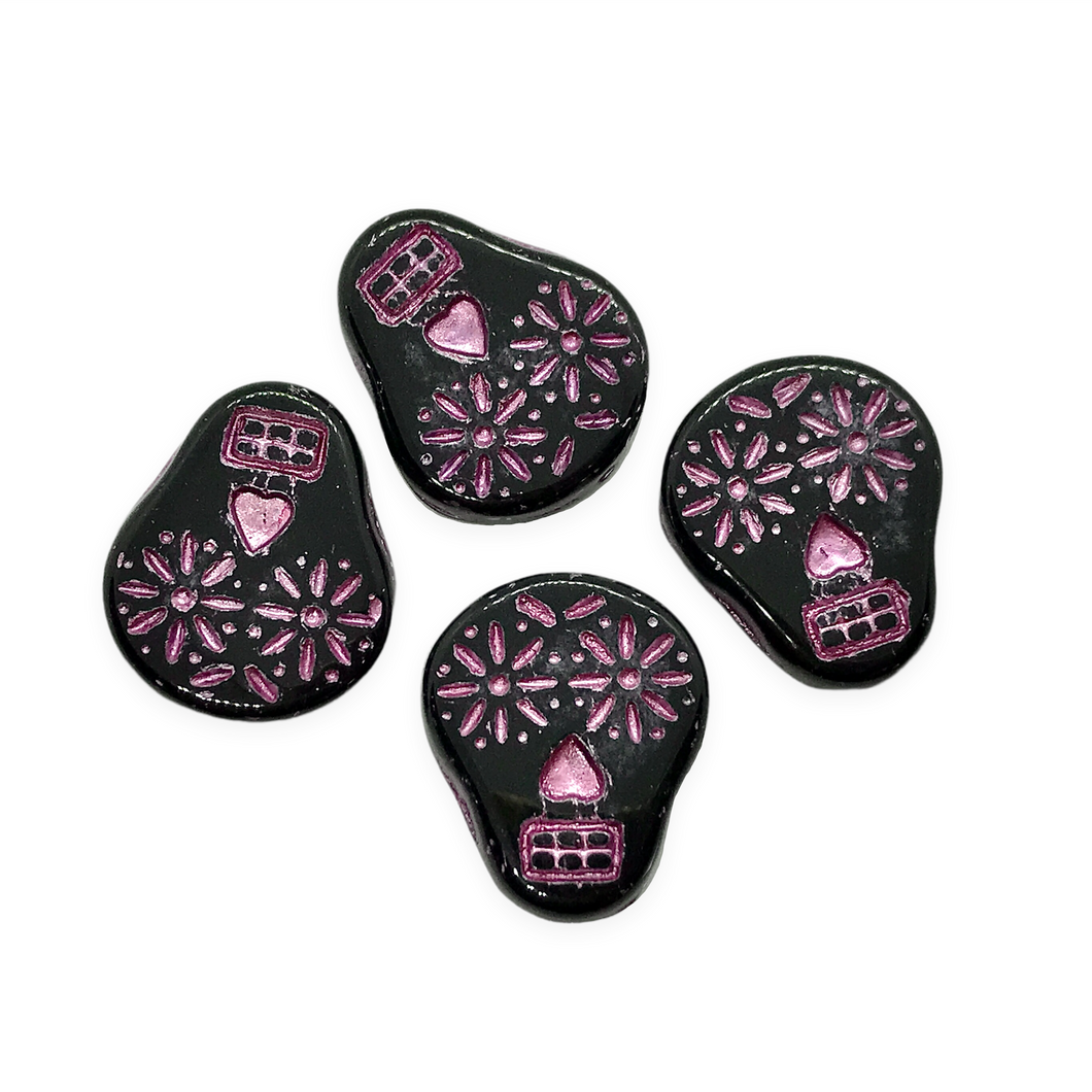 Czech glass sugar skull beads charms 4pc jet black pink decor 20x17mm-Orange Grove Beads