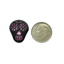 Load image into Gallery viewer, Czech glass sugar skull beads 4pc jet black pink decor 20x17mm
