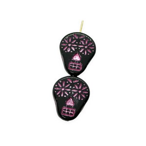 Czech glass sugar skull beads 4pc jet black pink decor 20x17mm