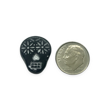 Load image into Gallery viewer, Czech glass sugar skull beads 4pc jet black silver decor 20x17mm
