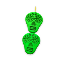 Load image into Gallery viewer, Czech glass sugar skull beads 4pc UV neon green 20x17mm
