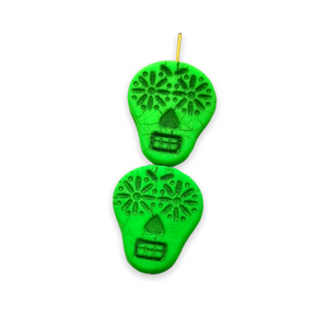 Czech glass sugar skull beads 4pc UV neon green 20x17mm