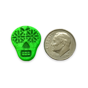 Czech glass sugar skull beads 4pc UV neon green 20x17mm