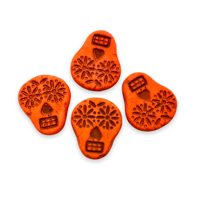 Czech glass sugar skull beads charms 4pc UV neon orange 20x17mm-Orange Grove Beads