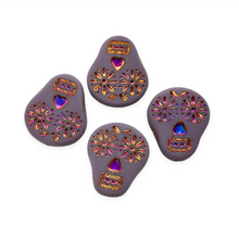 Load image into Gallery viewer, Czech glass sugar skull beads charms 4pc matte purple orange pink AB decor 20x17mm-Orange Grove Beads
