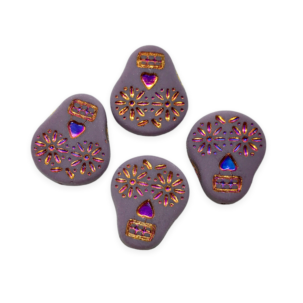 Czech glass sugar skull beads charms 4pc matte purple orange pink AB decor 20x17mm-Orange Grove Beads