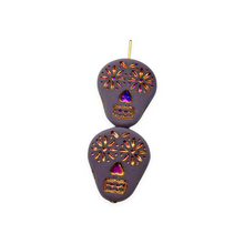 Load image into Gallery viewer, Czech glass sugar skull beads charms 4pc matte purple sliperit 20x17mm

