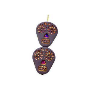 Czech glass sugar skull beads charms 4pc matte purple sliperit 20x17mm