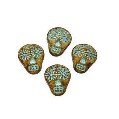 Czech glass sugar skull beads charms 4pc ivory brown picasso turqoise 20x17mm-Orange Grove Beads