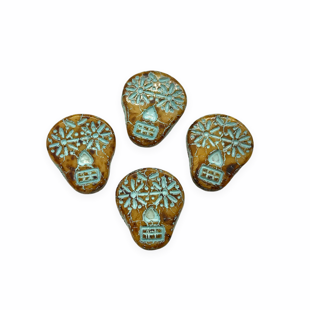 Czech glass sugar skull beads charms 4pc ivory brown picasso turqoise 20x17mm-Orange Grove Beads