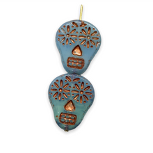 Load image into Gallery viewer, Czech glass sugar skull beads 4pc opaline blue copper 20x17mm
