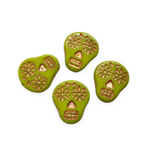 Load image into Gallery viewer, Czech glass sugar skull beads charms 4pc opaque lime green copper 20x17mm-Orange Grove Beads
