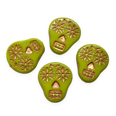 Czech glass sugar skull beads charms 4pc opaque lime green copper 20x17mm-Orange Grove Beads