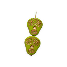 Load image into Gallery viewer, Czech glass sugar skull beads charms 4pc opaque lime green copper 20x17mm

