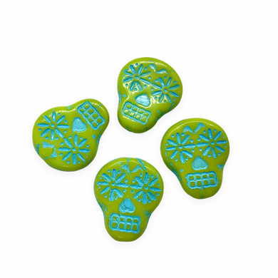 Czech glass sugar skull beads charms 4pc opaque lime green turqoise 20x17mm-Orange Grove Beads